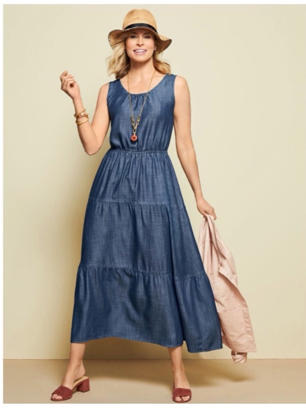 NWT Talbots Blue Denim Tiered Jumper Maxi Dress Sleeveless Blue SIZE 2